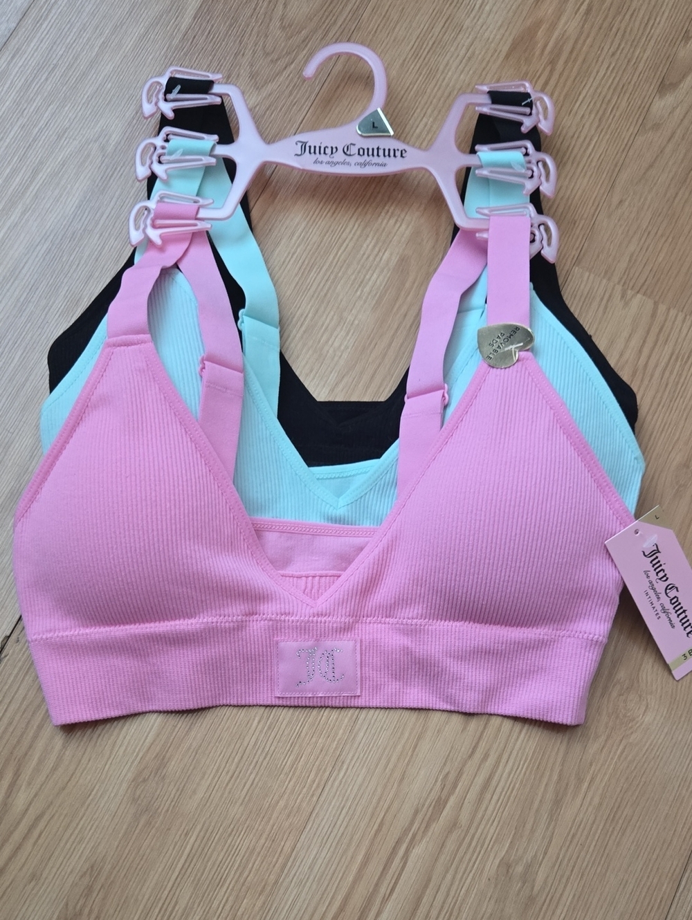 Juicy Couture Ribbed Seamless Bralette Set in Pink, Mint & Black